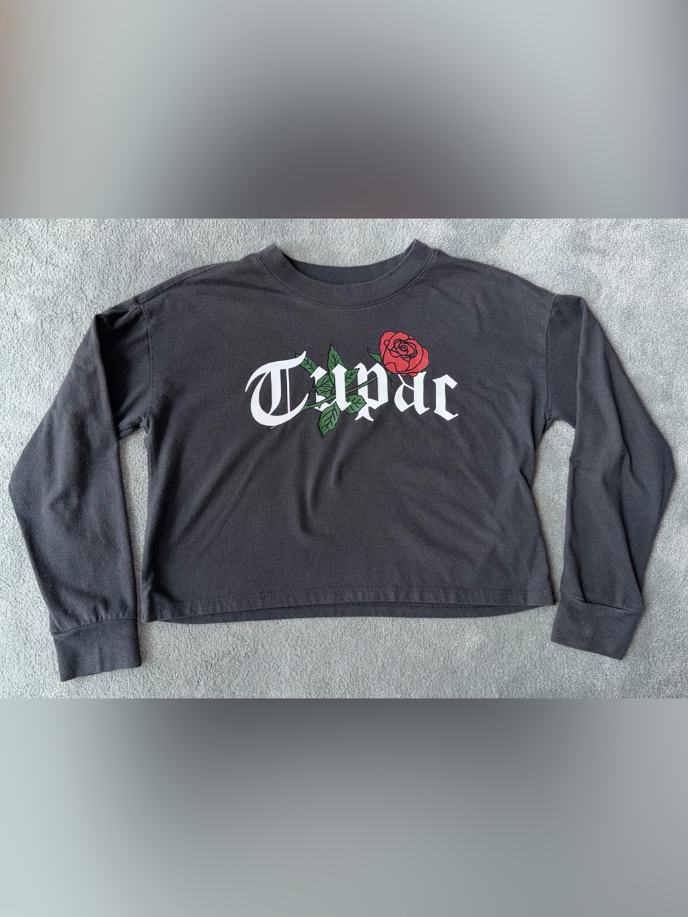 GAP Teen Black Long-Sleeve Oversized Cropped Tee with White 'Tupac' Graphic
